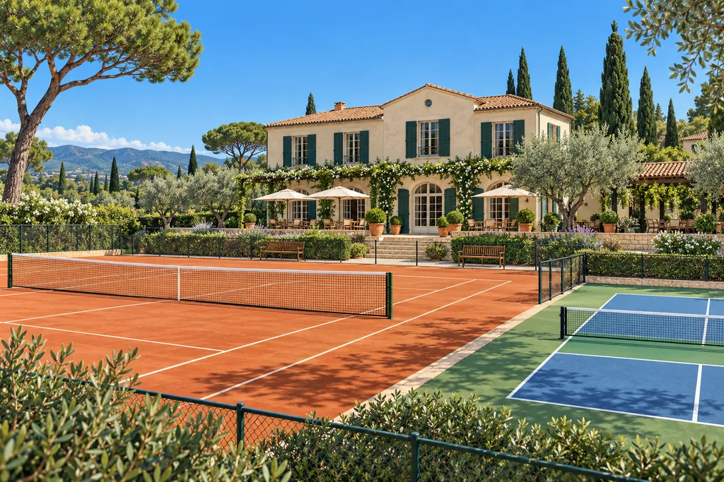 Façade d'un club de tennis avec un terrain de pickleball tracé en bordure.