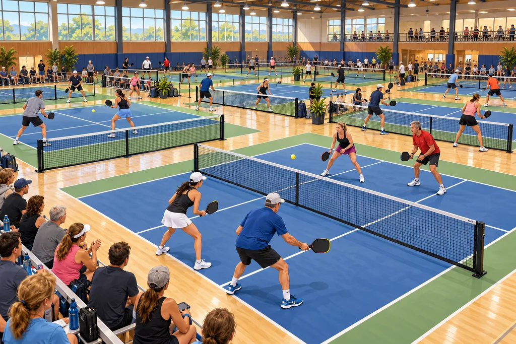 Several pickleball courts in use in a gymnasium during a friendly tournament.