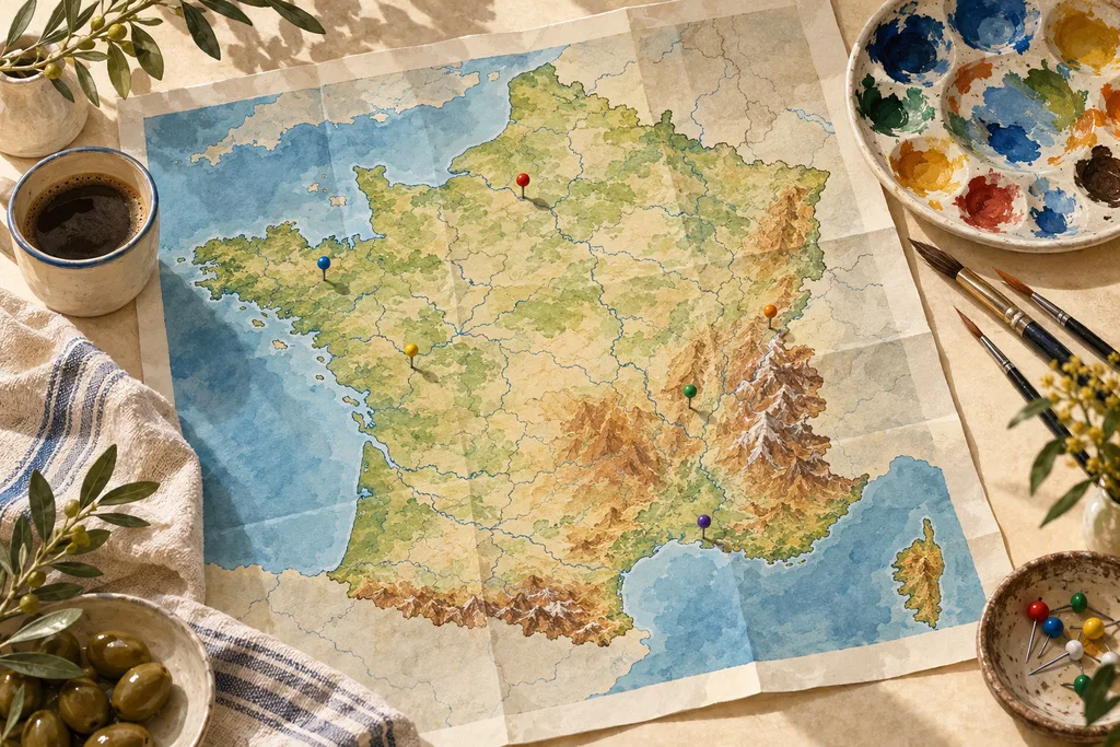 Une carte de France dépliée avec des repères posés sur quelques villes, à côté d'une palette.