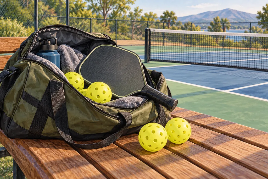 Un sac de sport ouvert avec une palette et des balles perforées posé sur un banc au bord d'un terrain.